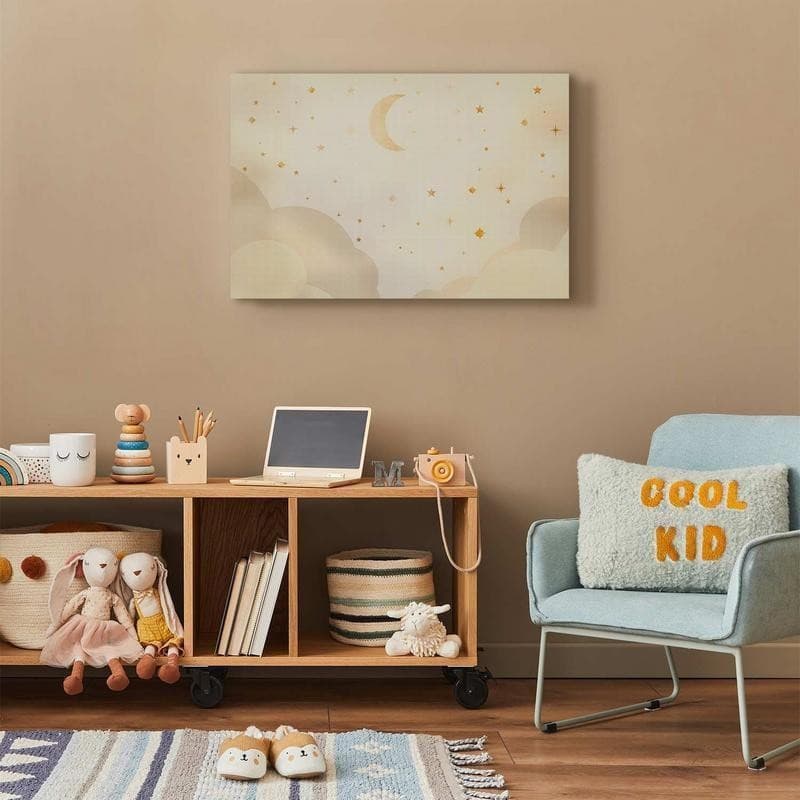 Quadro - Bright Night - Moon Accompanied by Many Stars on a Light Background in Luci notturne per bambini Collezione Casa - Trebisacce, commercioVirtuoso.it