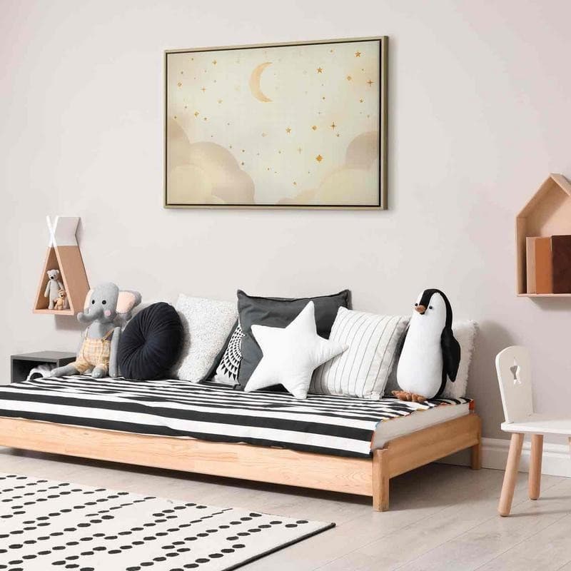 Quadro - Bright Night - Moon Accompanied by Many Stars on a Light Background in Luci notturne per bambini Collezione Casa - Trebisacce, commercioVirtuoso.it