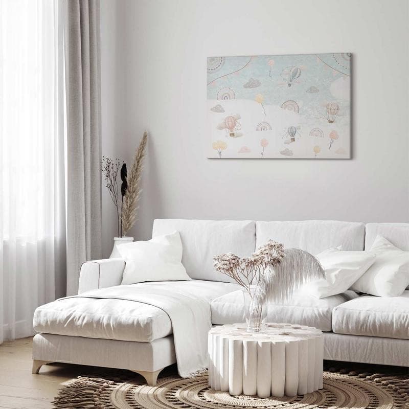 Quadro - Sky with Balloons - Balloons in Subdued Colors Flying in the Sky Among Clouds Rainbows and Stars in Poster e stampe Collezione Casa - Trebisacce, commercioVirtuoso.it
