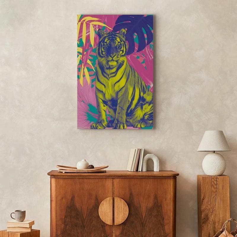 Quadro - Colorful Tiger - Intense Colors of a Tiger Surrounded by Tropical Plants in Poster e stampe Collezione Casa - Trebisacce, commercioVirtuoso.it