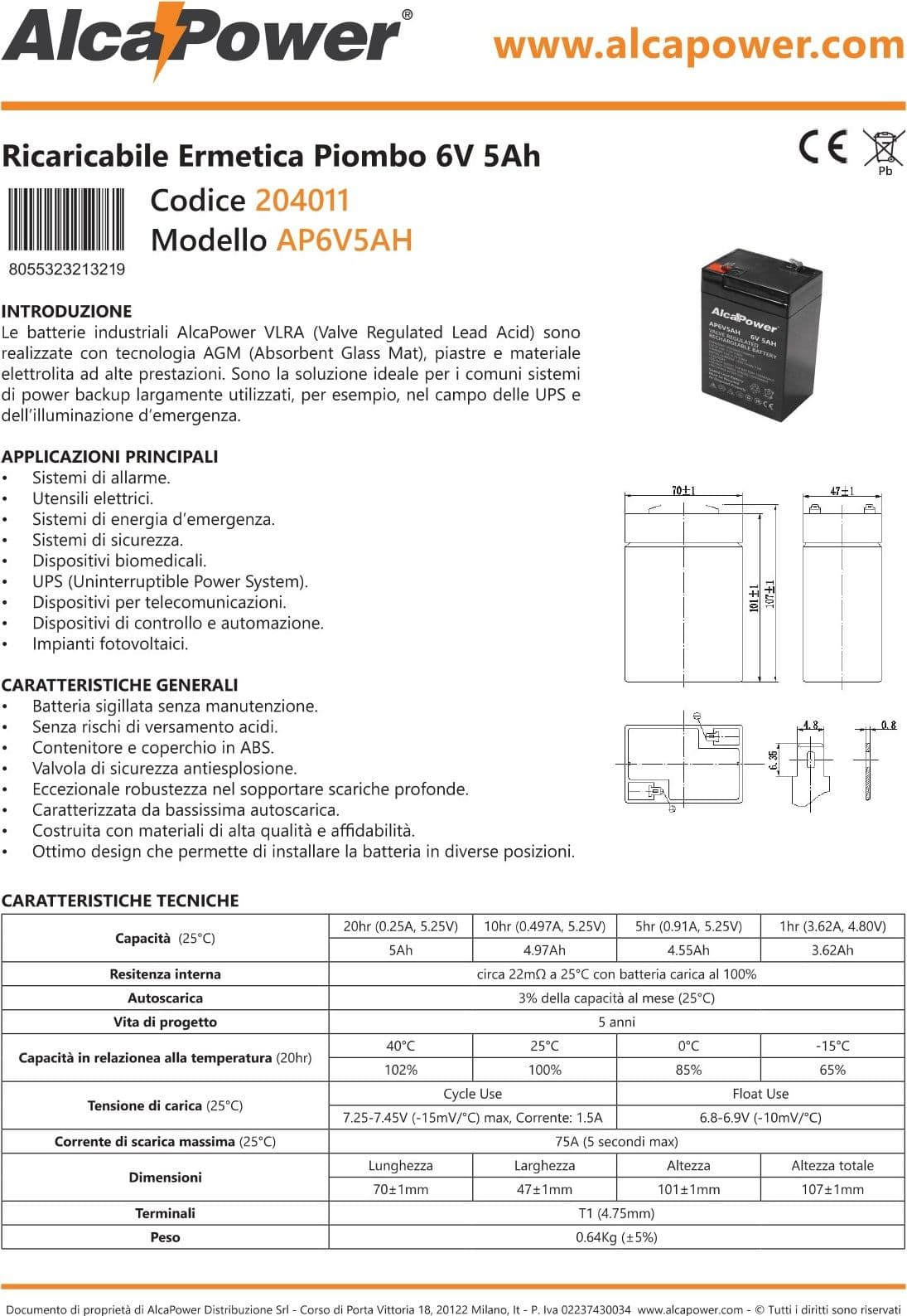 Alca Power batteria al piombo da 6V 5Ah ricaricabile per UPS e illuminazione di emergenza in Pile ricaricabili Aloiserw.com - Altomonte, commercioVirtuoso.it