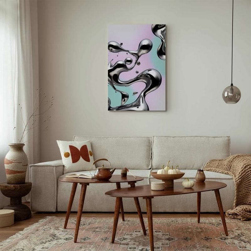 Quadro - Metallic Fluidity - Abstract Silver Forms on a Mint-Purple Background in Poster e stampe Collezione Casa - Trebisacce, commercioVirtuoso.it
