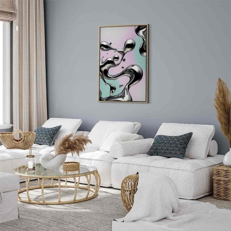 Quadro - Metallic Fluidity - Abstract Silver Forms on a Mint-Purple Background in Poster e stampe Collezione Casa - Trebisacce, commercioVirtuoso.it