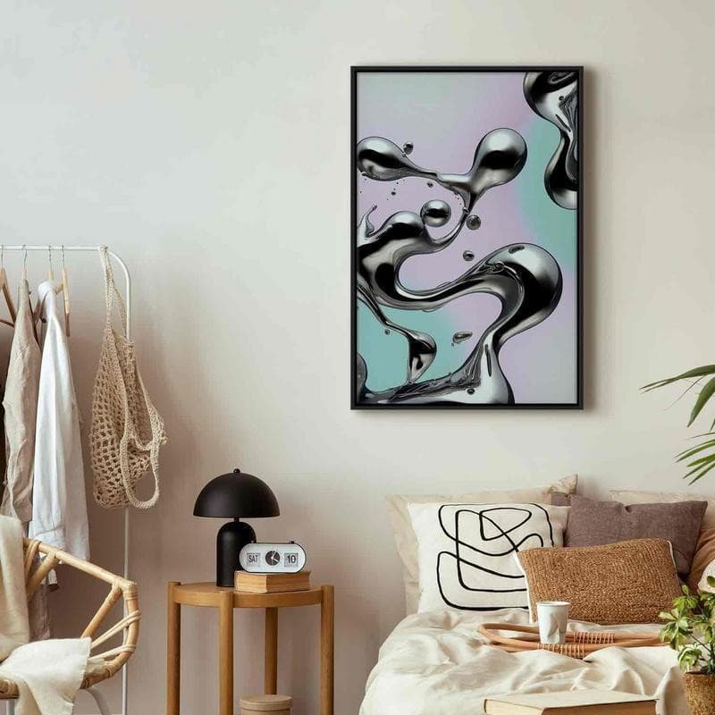 Quadro - Metallic Fluidity - Abstract Silver Forms on a Mint-Purple Background in Poster e stampe Collezione Casa - Trebisacce, commercioVirtuoso.it