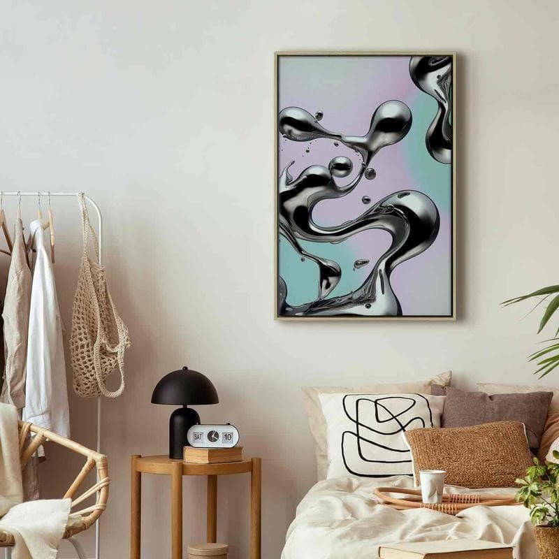 Quadro - Metallic Fluidity - Abstract Silver Forms on a Mint-Purple Background in Poster e stampe Collezione Casa - Trebisacce, commercioVirtuoso.it