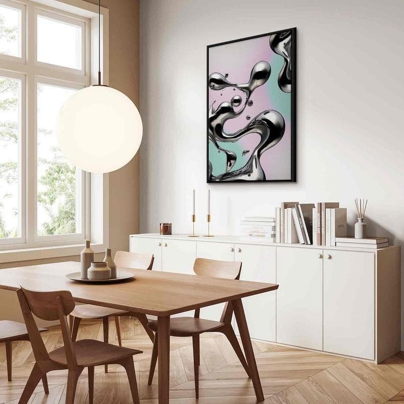 Quadro - Metallic Fluidity - Abstract Silver Forms on a Mint-Purple Background in Poster e stampe Collezione Casa - Trebisacce, commercioVirtuoso.it