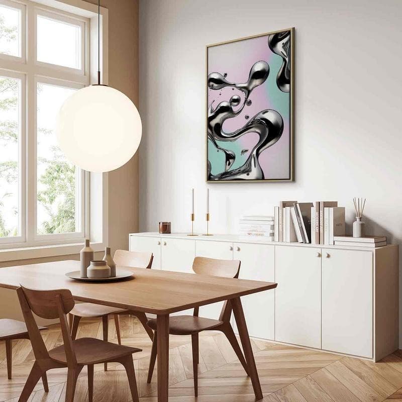 Quadro - Metallic Fluidity - Abstract Silver Forms on a Mint-Purple Background in Poster e stampe Collezione Casa - Trebisacce, commercioVirtuoso.it