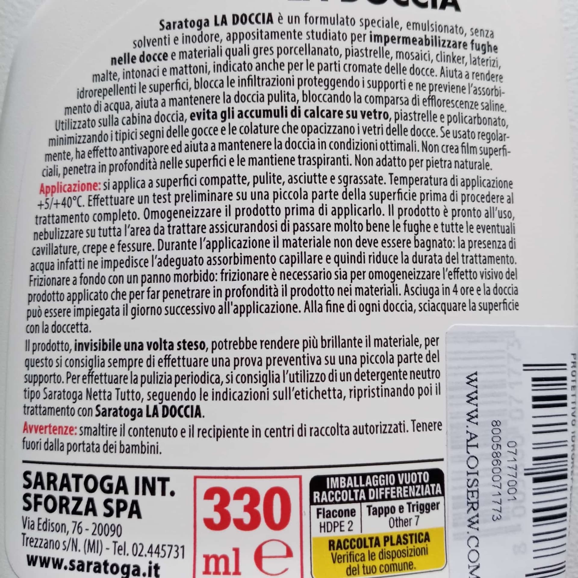 Saratoga La Doccia 330ml impermeabilizzante spray trasparente senza solventi inodore ideato per le fughe della doccia in Impermeabili Aloiserw.com - Altomonte, commercioVirtuoso.it