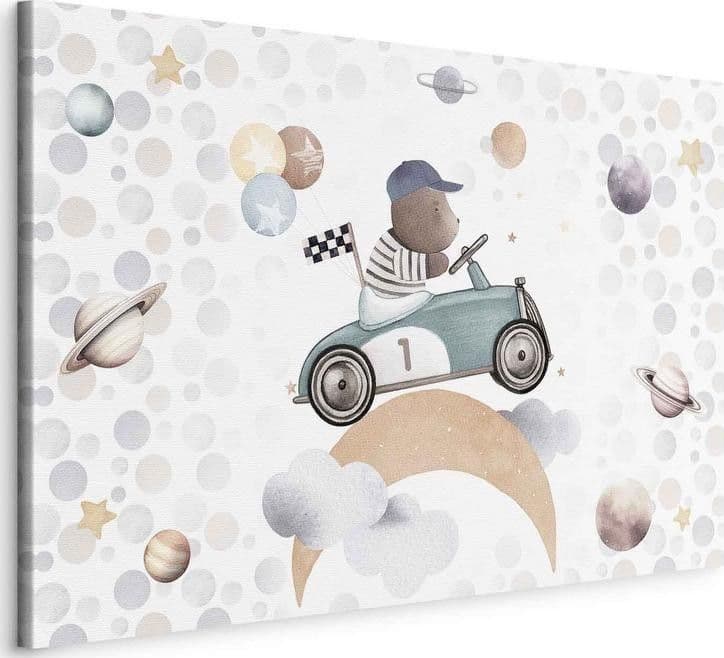 Quadro - Galactic Races - A Bear Participating in Car Races Among Planets Clouds and Stars in Pastel Hues in Poster e stampe Collezione Casa - Trebisacce, commercioVirtuoso.it