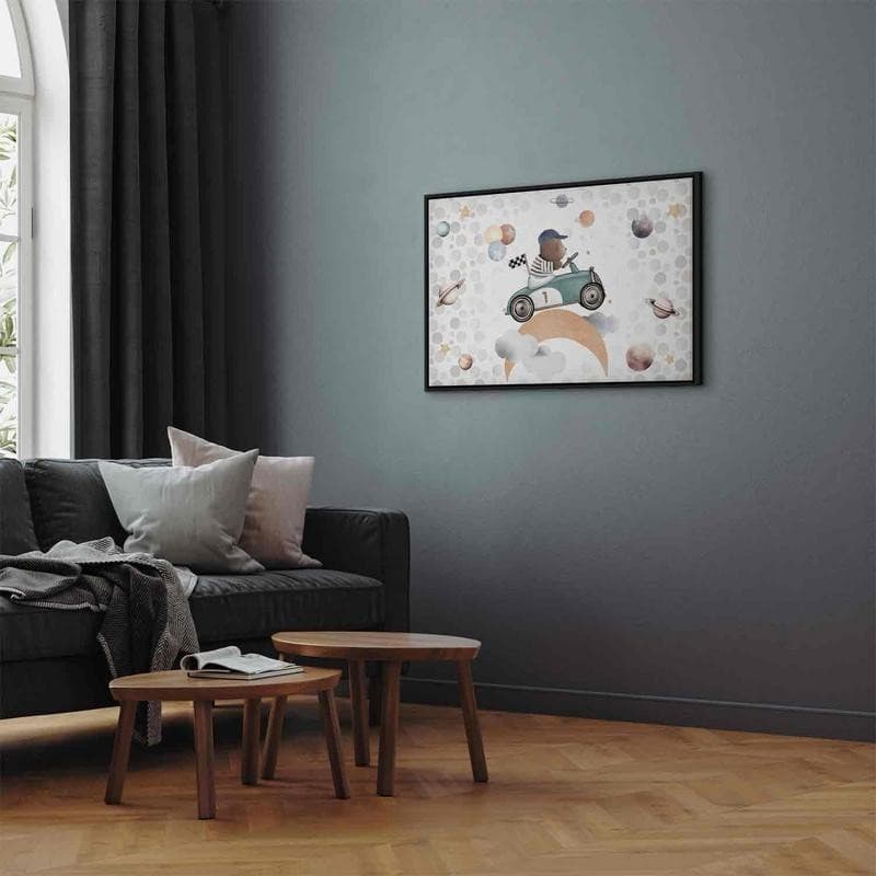 Quadro - Galactic Races - A Bear Participating in Car Races Among Planets Clouds and Stars in Pastel Hues in Poster e stampe Collezione Casa - Trebisacce, commercioVirtuoso.it