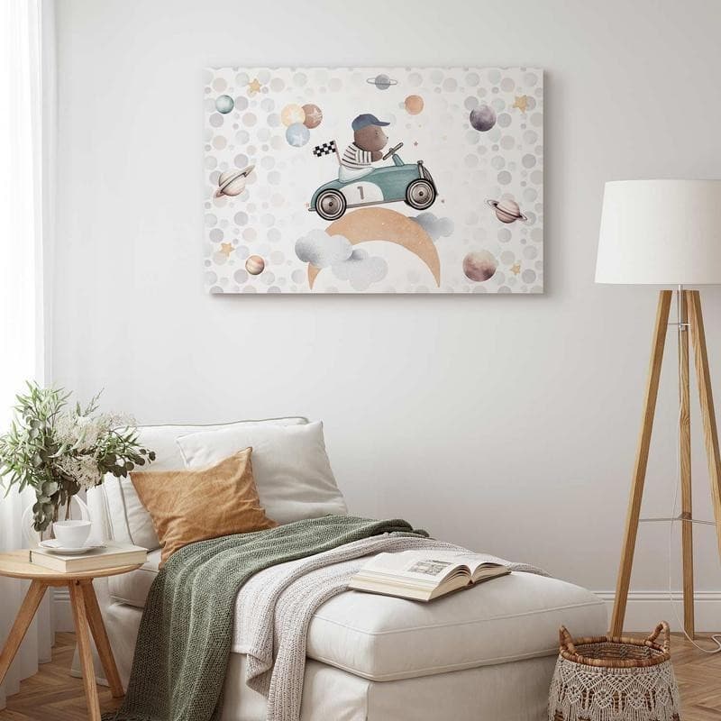 Quadro - Galactic Races - A Bear Participating in Car Races Among Planets Clouds and Stars in Pastel Hues in Poster e stampe Collezione Casa - Trebisacce, commercioVirtuoso.it