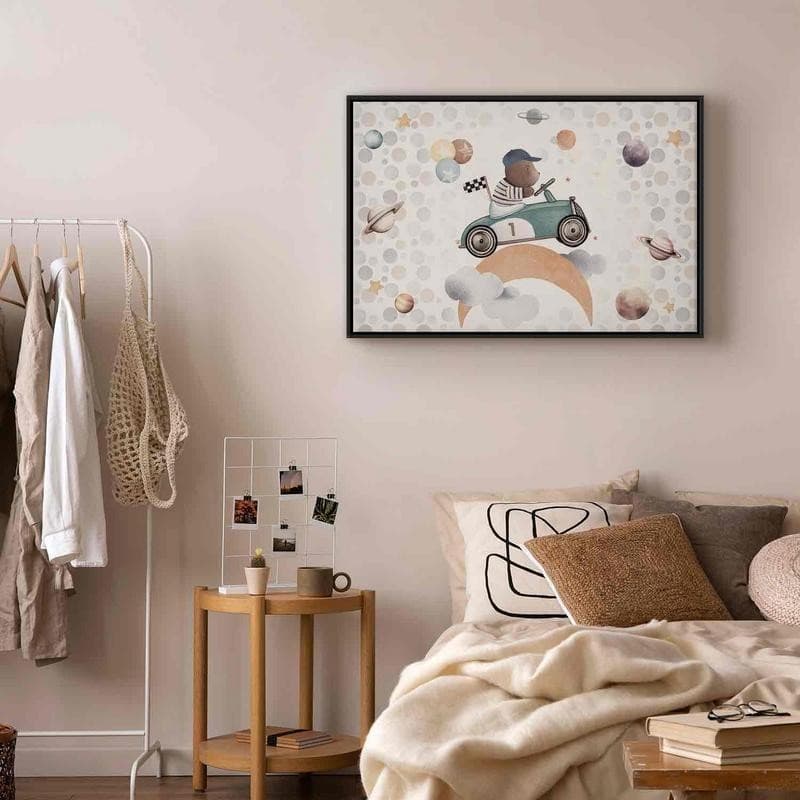 Quadro - Galactic Races - A Bear Participating in Car Races Among Planets Clouds and Stars in Pastel Hues in Poster e stampe Collezione Casa - Trebisacce, commercioVirtuoso.it