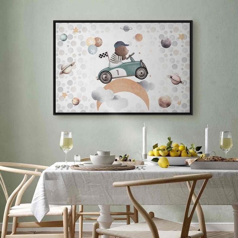 Quadro - Galactic Races - A Bear Participating in Car Races Among Planets Clouds and Stars in Pastel Hues in Poster e stampe Collezione Casa - Trebisacce, commercioVirtuoso.it