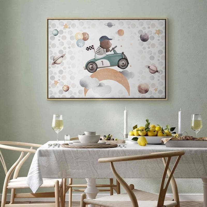 Quadro - Galactic Races - A Bear Participating in Car Races Among Planets Clouds and Stars in Pastel Hues in Poster e stampe Collezione Casa - Trebisacce, commercioVirtuoso.it