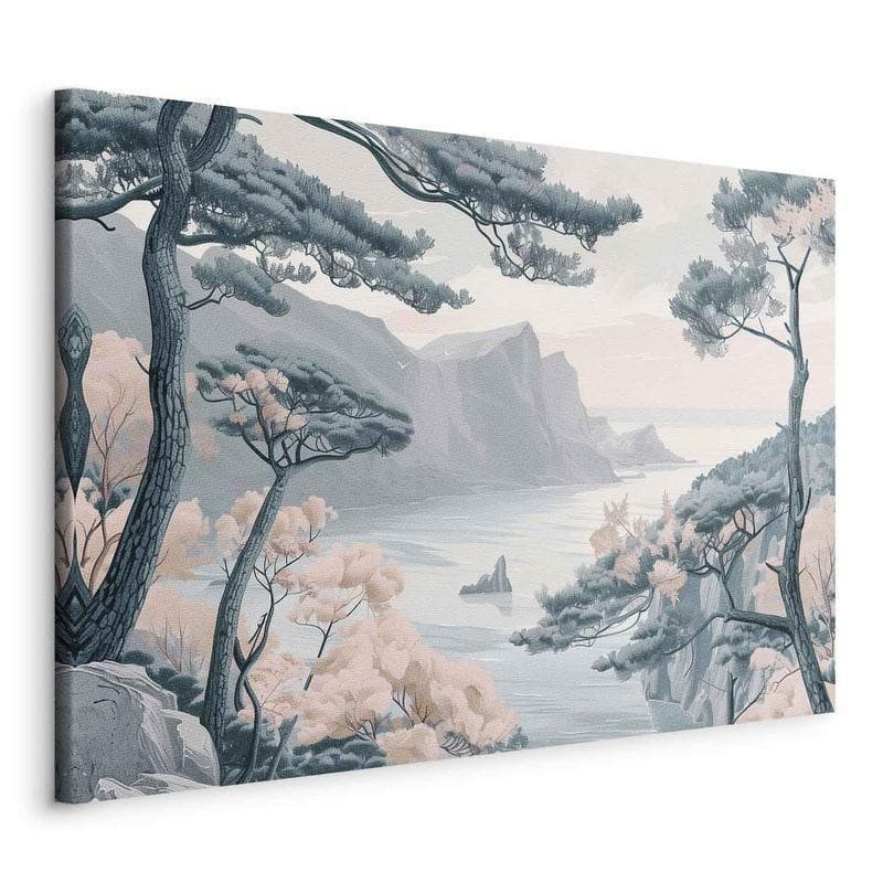 Quadro - Mountainous Coast with Trees and Rocks in Light Pastel Blues in Poster e stampe Collezione Casa - Trebisacce, commercioVirtuoso.it