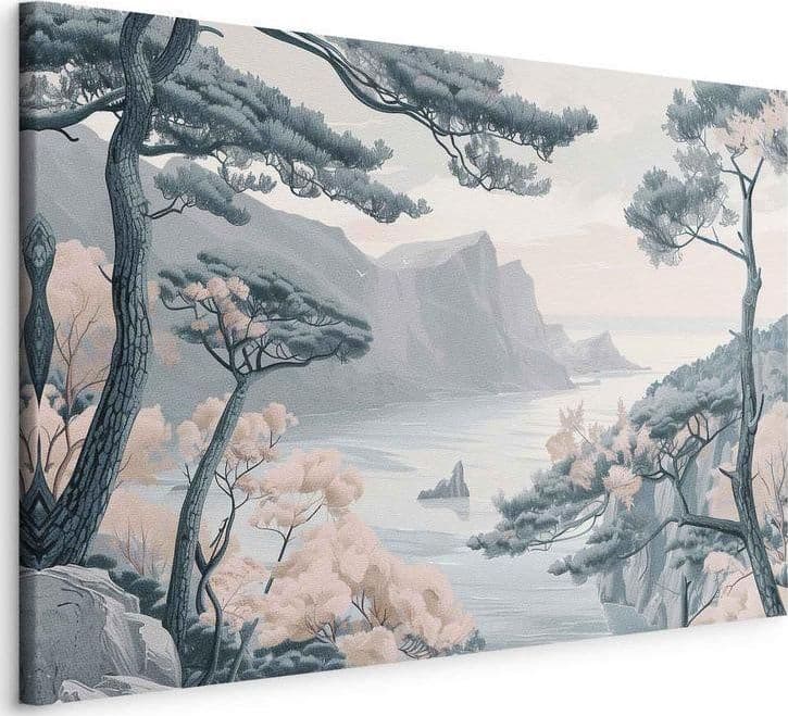 Quadro - Mountainous Coast with Trees and Rocks in Light Pastel Blues in Poster e stampe Collezione Casa - Trebisacce, commercioVirtuoso.it