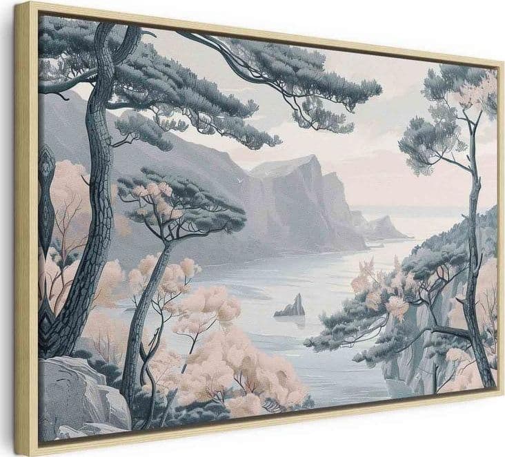 Quadro - Mountainous Coast with Trees and Rocks in Light Pastel Blues in Poster e stampe Collezione Casa - Trebisacce, commercioVirtuoso.it