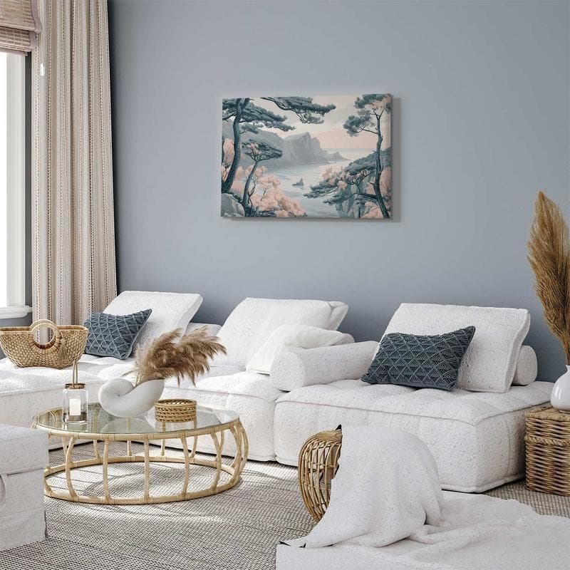 Quadro - Mountainous Coast with Trees and Rocks in Light Pastel Blues in Poster e stampe Collezione Casa - Trebisacce, commercioVirtuoso.it