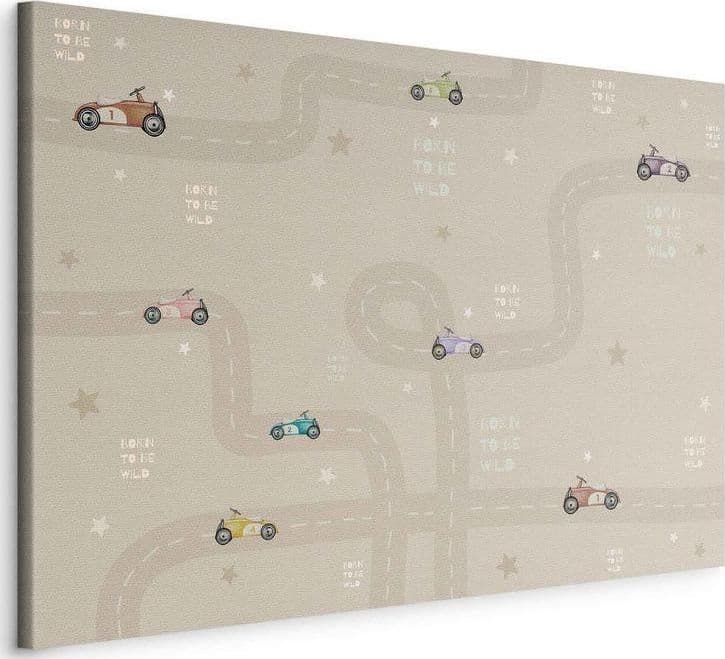 Quadro - Race - Colorful Cars on a Road on a Beige Background with Inscriptions in Poster e stampe Collezione Casa - Trebisacce, commercioVirtuoso.it