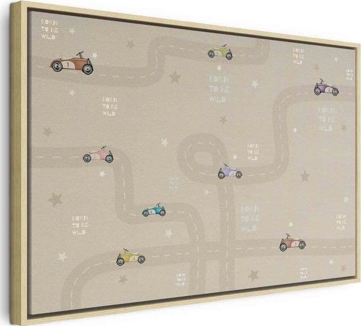 Quadro - Race - Colorful Cars on a Road on a Beige Background with Inscriptions in Poster e stampe Collezione Casa - Trebisacce, commercioVirtuoso.it