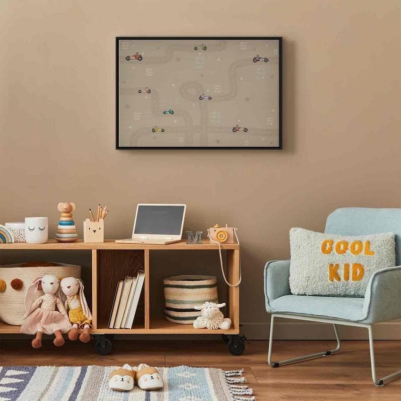 Quadro - Race - Colorful Cars on a Road on a Beige Background with Inscriptions in Poster e stampe Collezione Casa - Trebisacce, commercioVirtuoso.it