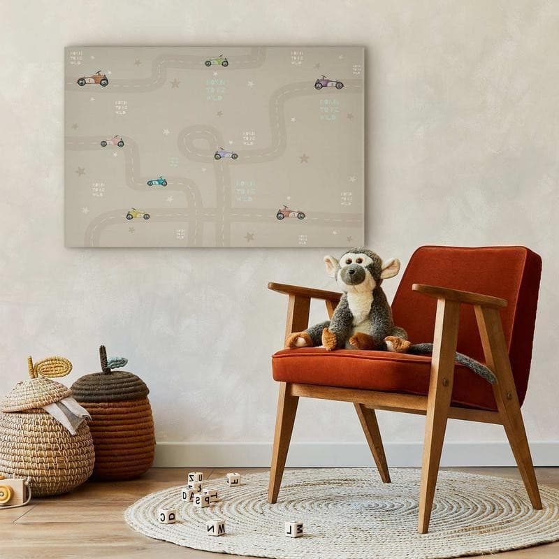 Quadro - Race - Colorful Cars on a Road on a Beige Background with Inscriptions in Poster e stampe Collezione Casa - Trebisacce, commercioVirtuoso.it