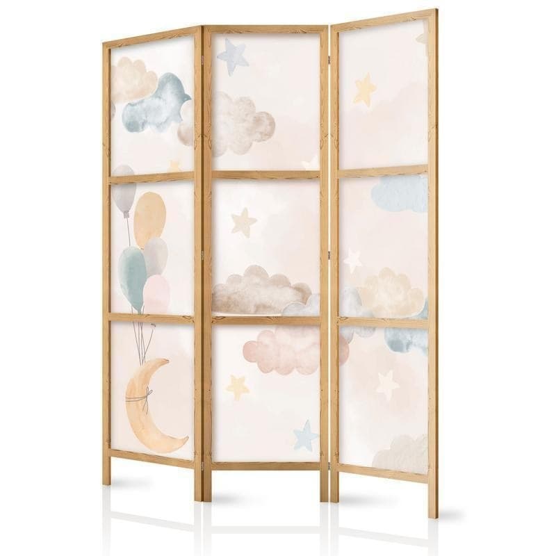 Paravento giapponese - Fairy-Tale Moon - Moon with Balloons Among Clouds and Stars in Subdued Colors on a Light Beige Ba