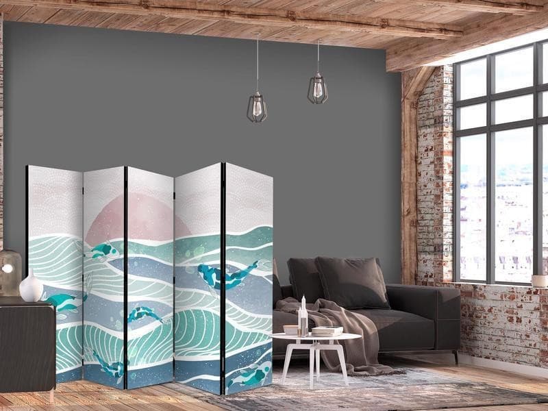Paravento - Picturesque Landscape With Fish - Sunset And Koi Fish in Shades of Turquoise And Blue Floating Above The Wat in Paraventi Collezione Casa - Trebisacce, commercioVirtuoso.it
