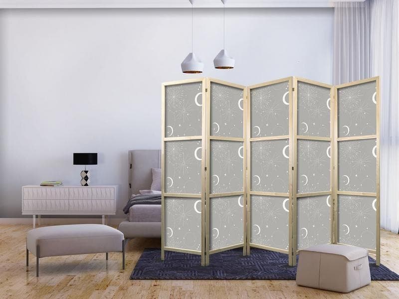 Paravento giapponese - Cosmic Fireworks - Elegant Pattern with Moons and Stars on a Gray Background in Paraventi Collezione Casa - Trebisacce, commercioVirtuoso.it
