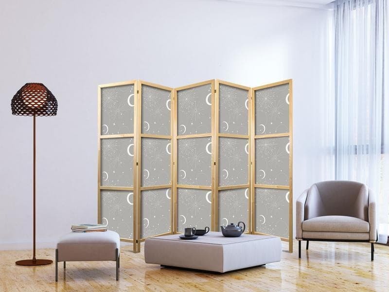 Paravento giapponese - Cosmic Fireworks - Elegant Pattern with Moons and Stars on a Gray Background in Paraventi Collezione Casa - Trebisacce, commercioVirtuoso.it