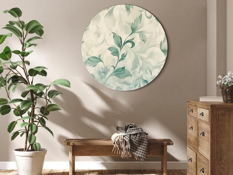 Quadro rotondo - Watercolor Botanical Motif: Delicate Green-Beige Leaves in Poster e stampe Collezione Casa - Trebisacce, commercioVirtuoso.it