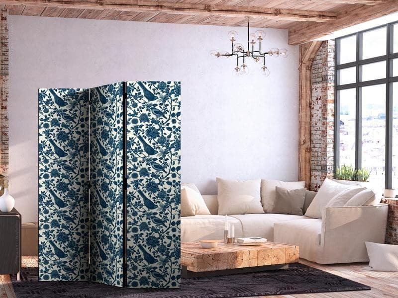 Paravento - Rose Vines - Monochromatic Blue Birds Resting Among Roses in Paraventi Collezione Casa - Trebisacce, commercioVirtuoso.it