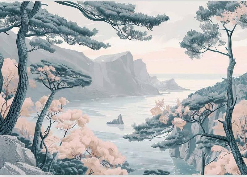 Carta da parati - Mountainous Coast with Trees and Rocks in Light Pastel Blues in Carta da parati Collezione Casa - Trebisacce, commercioVirtuoso.it