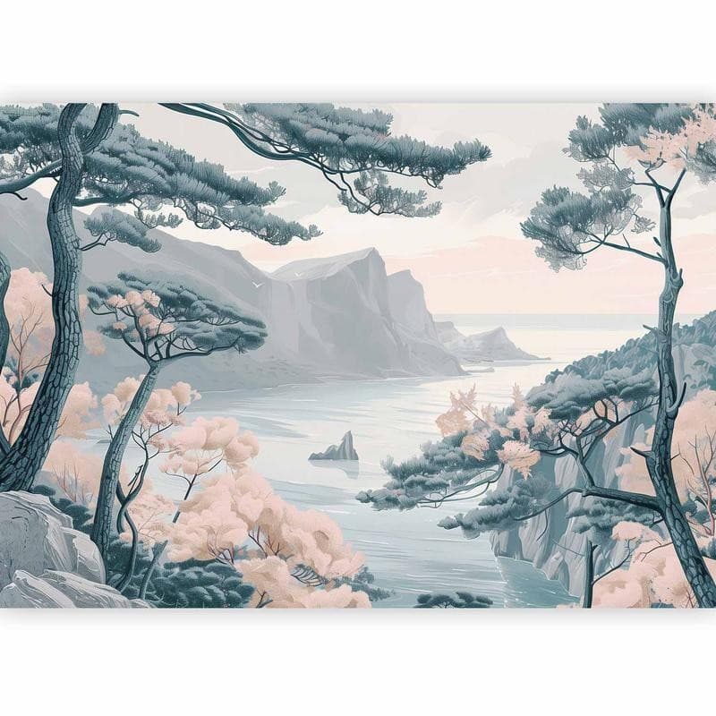 Carta da parati - Mountainous Coast with Trees and Rocks in Light Pastel Blues in Carta da parati Collezione Casa - Trebisacce, commercioVirtuoso.it