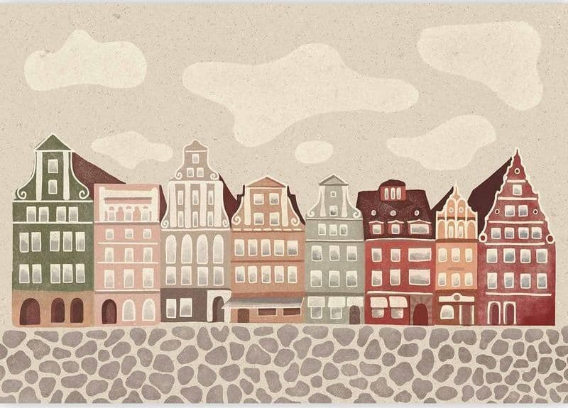 Carta da parati - Salt Square - Colorful Illustrated Townhouses Against a Cloudy Sky Background in Carta da parati Collezione Casa - Trebisacce, commercioVirtuoso.it