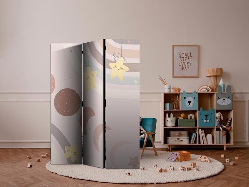 Paravento - Joyful Sky - Yellow Cheerful Stars with a Rainbow Against the Phases of the Moon - in the Sky Colored Light in Paraventi Collezione Casa - Trebisacce, commercioVirtuoso.it