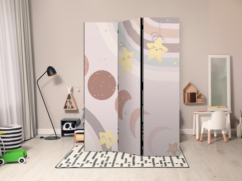 Paravento - Joyful Sky - Yellow Cheerful Stars with a Rainbow Against the Phases of the Moon - in the Sky Colored Light in Paraventi Collezione Casa - Trebisacce, commercioVirtuoso.it