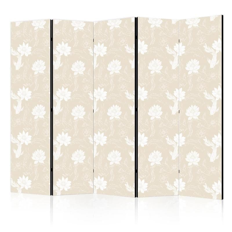 Paravento - Fish and Water Lilies - Bright Oriental Fish Swimming Among Water Flowers on a Delicate Sand-Beige Backgroun