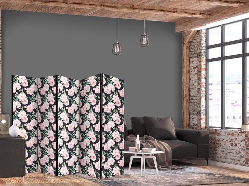Paravento - Peonies - Pink Flowers and Green Leaves on a Graphite Background in Paraventi Collezione Casa - Trebisacce, commercioVirtuoso.it