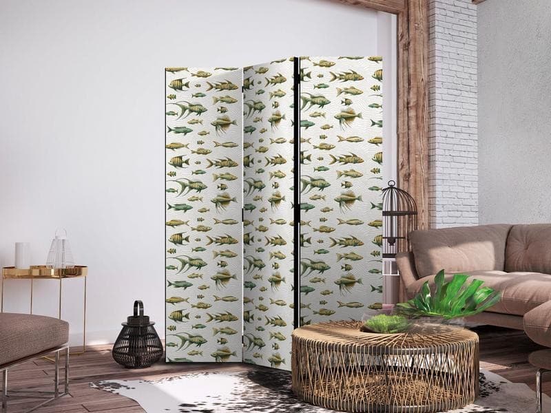 Paravento - Unusual Species of Fish - A Cluster of Fish in Muted Colors in Retro Style on a Background of Beige Strokes in Paraventi Collezione Casa - Trebisacce, commercioVirtuoso.it
