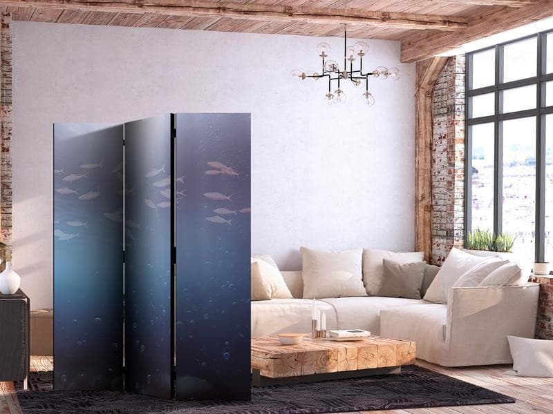 Paravento - School of Small Fish - Illuminated Oceanic Depth in Shades of Navy Purple and Gray with a Shoal of Tiny Fish in Schermi divisori e protettivi per giardino Collezione Casa - Trebisacce, commercioVirtuoso.it