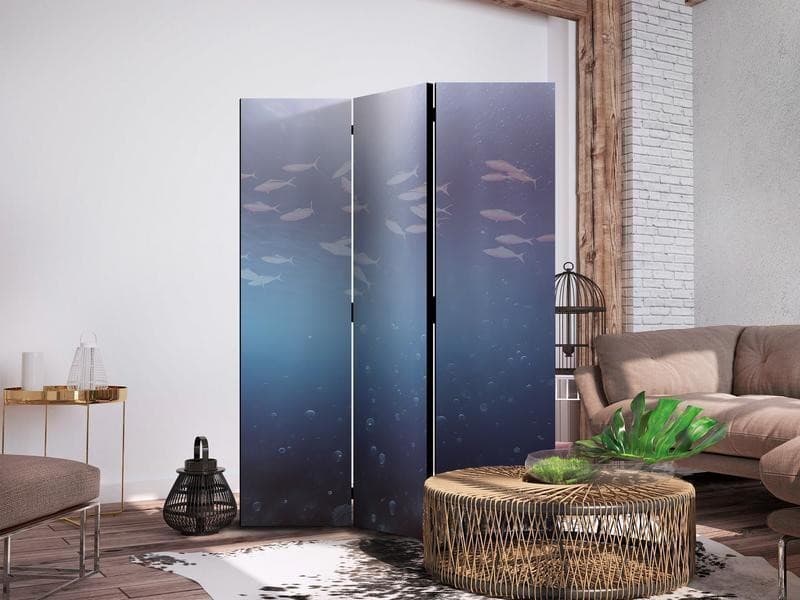 Paravento - School of Small Fish - Illuminated Oceanic Depth in Shades of Navy Purple and Gray with a Shoal of Tiny Fish in Schermi divisori e protettivi per giardino Collezione Casa - Trebisacce, commercioVirtuoso.it