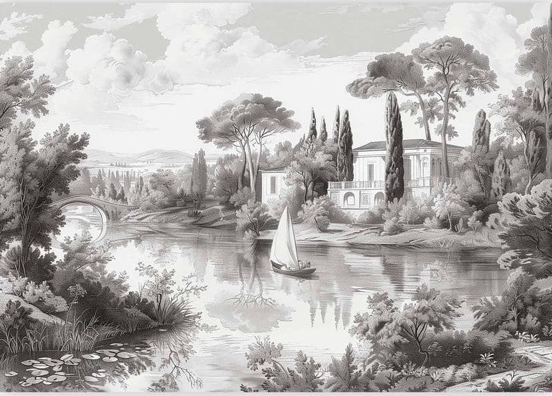 Carta da parati - Black and White Vintage Landscape Retro View of a Pond with a Boat in Carta da parati Collezione Casa - Trebisacce, commercioVirtuoso.it