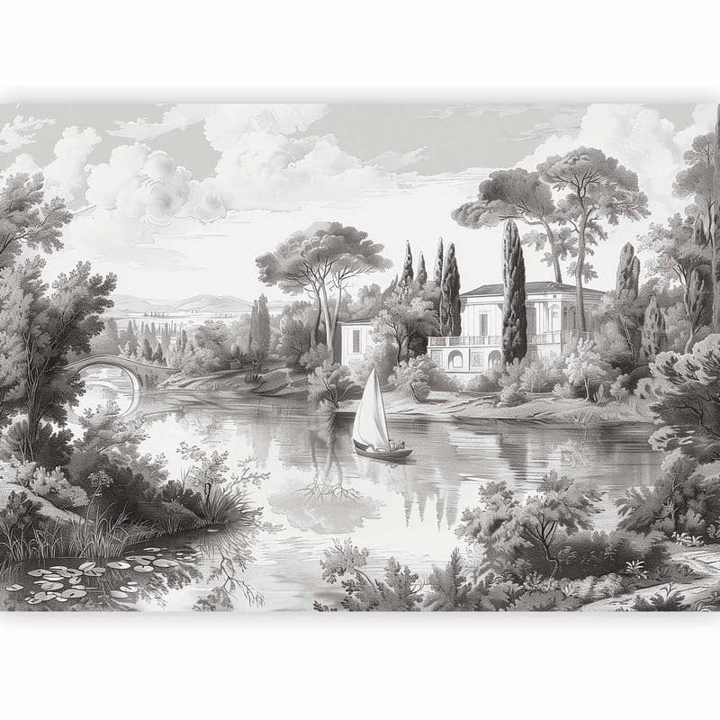 Carta da parati - Black and White Vintage Landscape Retro View of a Pond with a Boat in Carta da parati Collezione Casa - Trebisacce, commercioVirtuoso.it