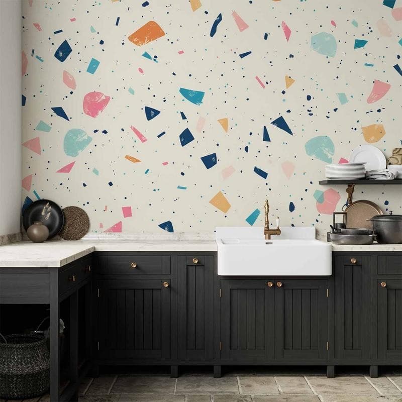 Carta da parati - Terrazzo with Multicolored Large Elements Cheerful Pattern on a Light Background in Carta da parati Collezione Casa - Trebisacce, commercioVirtuoso.it