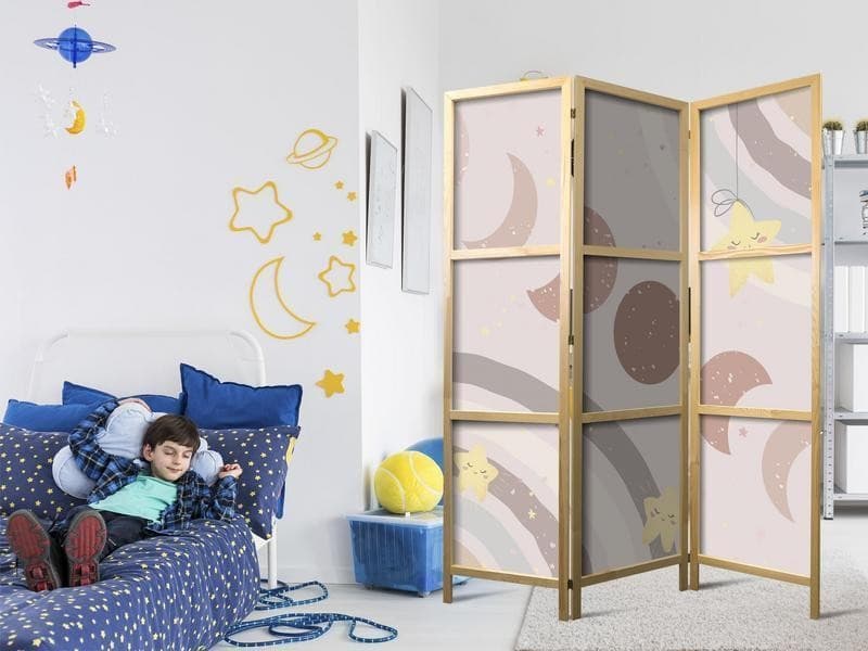 Paravento giapponese - Joyful Sky - Yellow cheerful stars with a rainbow against the moon phases - in the sky colored li in Paraventi Collezione Casa - Trebisacce, commercioVirtuoso.it