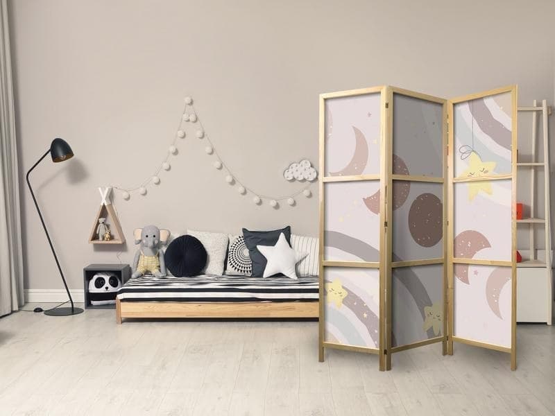 Paravento giapponese - Joyful Sky - Yellow cheerful stars with a rainbow against the moon phases - in the sky colored li in Paraventi Collezione Casa - Trebisacce, commercioVirtuoso.it