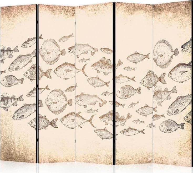 Paravento - Sketch of a Fish School - Sketches of Various Fish Species Swimming in a School on a Beige Background in Vin in Paraventi Collezione Casa - Trebisacce, commercioVirtuoso.it