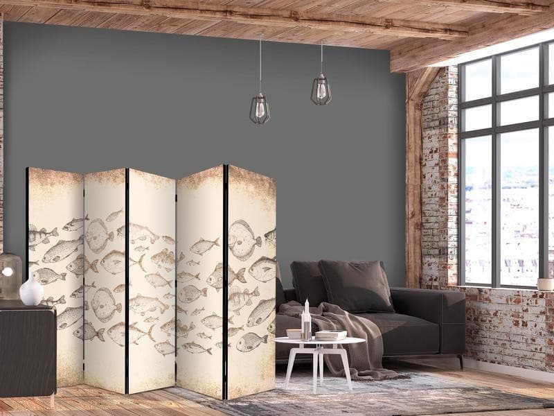 Paravento - Sketch of a Fish School - Sketches of Various Fish Species Swimming in a School on a Beige Background in Vin in Paraventi Collezione Casa - Trebisacce, commercioVirtuoso.it