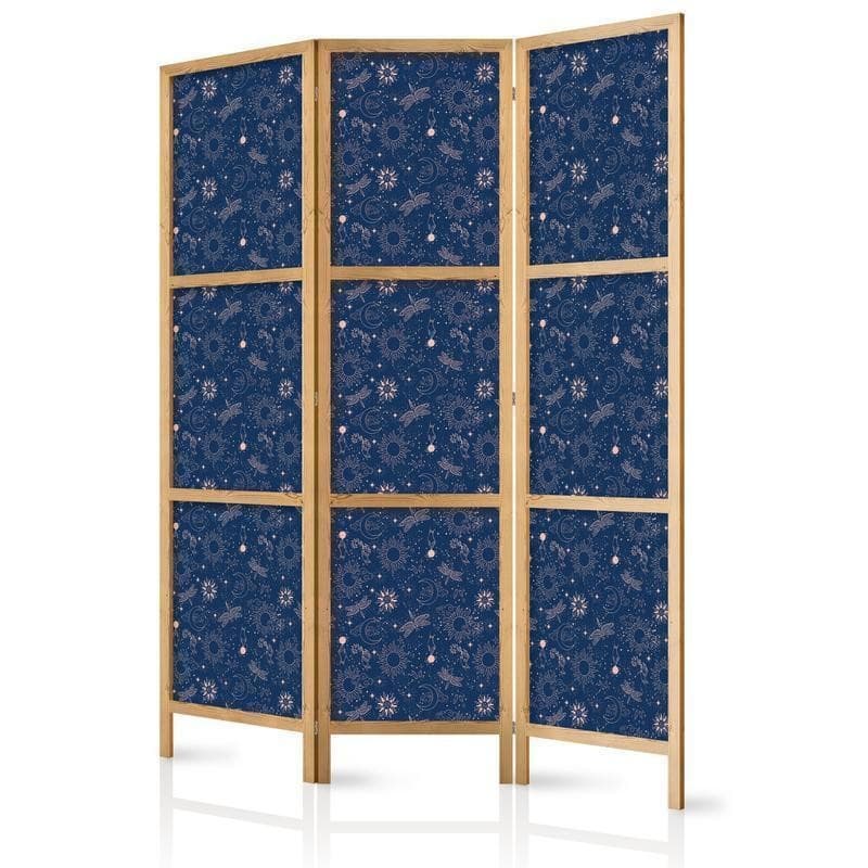 Paravento giapponese - Cosmic Fantasy - Pattern with Suns - Moons - and Dragonflies on a Dark Background in Paraventi Collezione Casa - Trebisacce, commercioVirtuoso.it